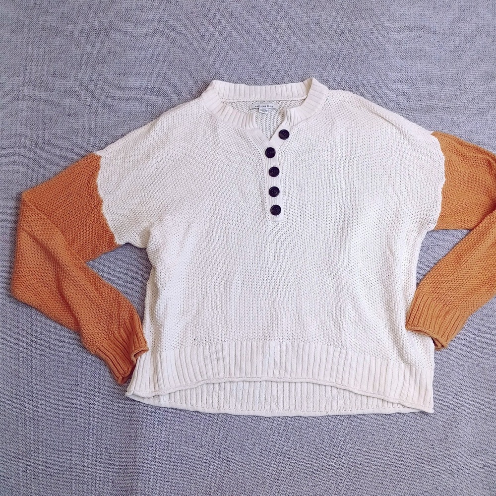 American Eagle Henley Sweater Womens Large Cream Mustard Excellent Colorblock